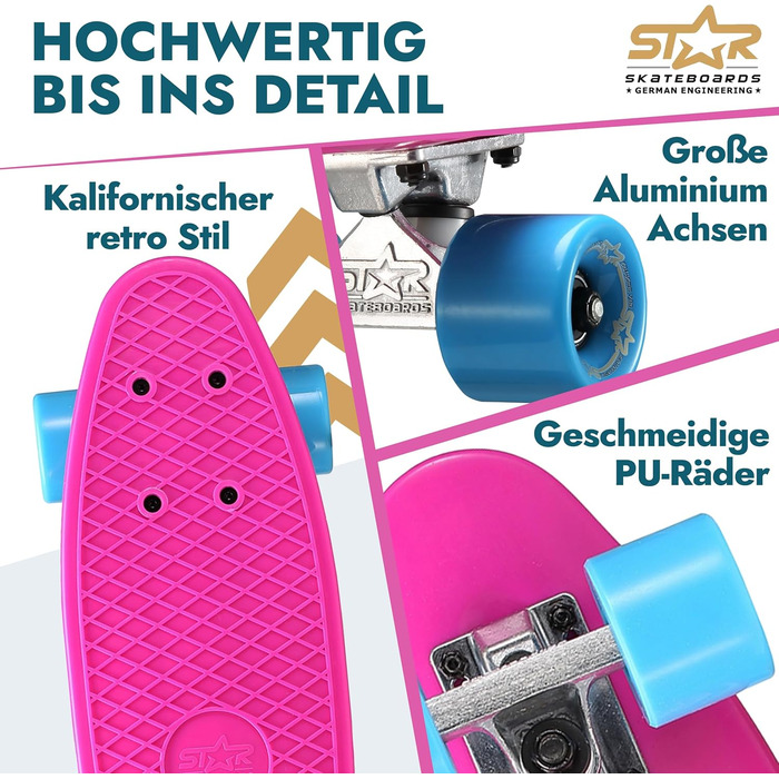 Скейтборд BIKESTAR Vintage Retro Cruiser 60 мм - круїзерний скейтборд для дітей та дорослих, початківці від 6-8 років, ретро дизайн Berry & Blue