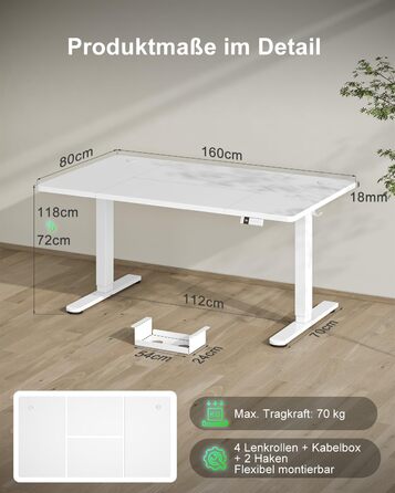 Стіл Devoko з регульованою висотою 160x80 см із зарядним портом Type-C, мобільний електричний комп&39ютерний стіл з лотком для кабелів та пам&39яттю на 3 функції, білий 160 x 80 см білий