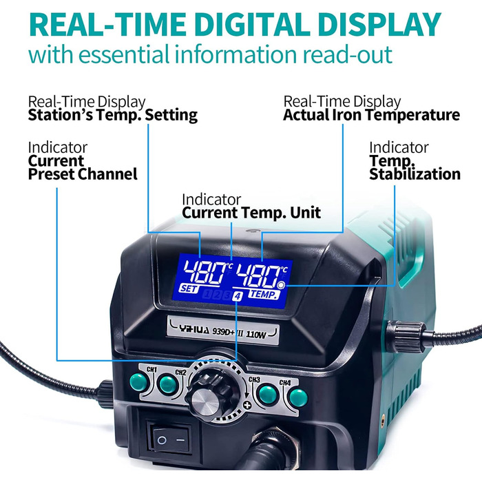 Паяльна станція YIHUA 939D III EVO 110W з 4 слотами пам'яті, подвійним РК-дисплеєм, сплячим режимом, 2 допоміжними руками, РК-об'є