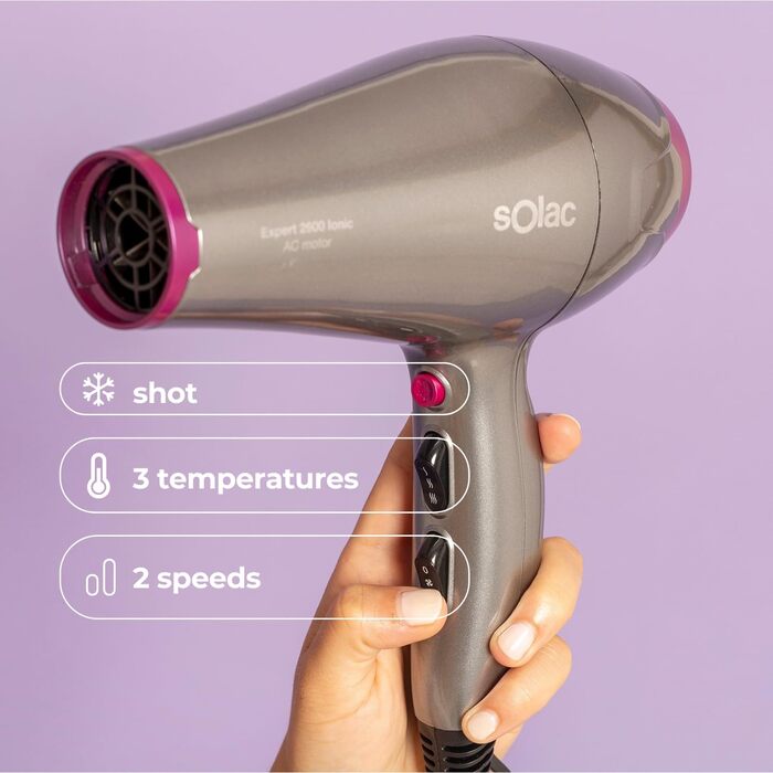Фен Solac Expert 2600 Ionic 2600 Вт Іонізація Ефект антифриз 6 режимів швидкості та температури Холодне обдування Знімний фільтр Аксесуари в комплекті