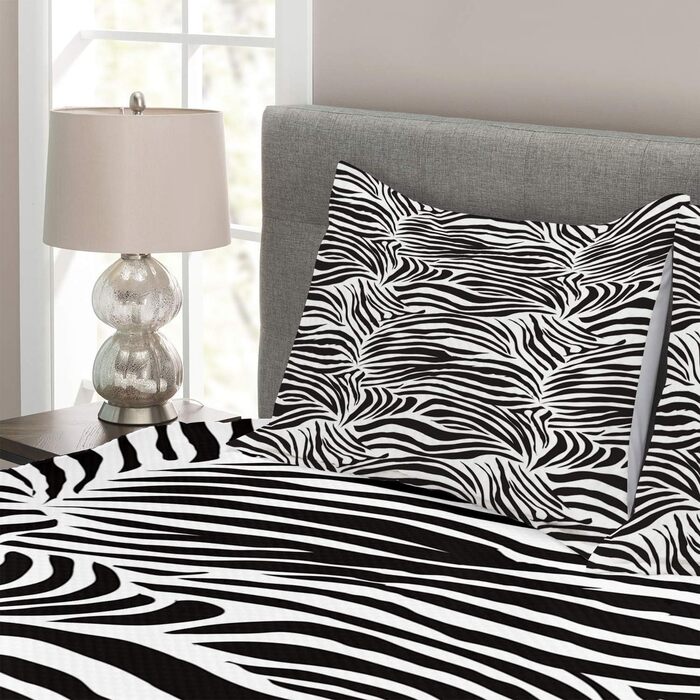 Комплект покривал із зебровим принтом, Дикі зеброві смужки, Комплект з наволочками, Яскраві кольори, для двоспальних ліжок 264 x 220 см, Білий Чорний