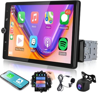 Автомагнітола 1 Din з Apple Carplay Android Auto 10,4-дюймовий поворотний сенсорний екран автомагнітоли з IOS/Android Mirror Link Bluetooth FM-радіо USB/AUX/еквалайзер/голосове керування керуванням на кермі камера заднього виду
