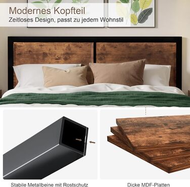 Ліжко VECELO з металевим каркасом 140 x 200 см та товстим дерев&39яним узголів&39ям, каркас двоспального ліжка з металу з рейковою основою, багато місця для зберігання під ліжком, ідеально підходить для спальні, коричневий колір 140 x 200 см, коричневий