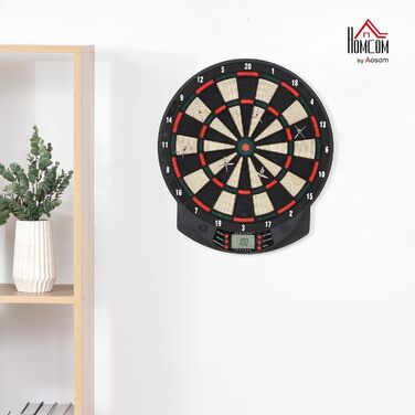 Електронна мішень для дартсу HOMCOM з автоматичним підрахунком очок, набір дротиків з 6 дротиками, 30 головками для дротиків, 26 іграми та 185 варіантами влучань для 8 гравців, звукові ефекти, чорний колір, 44 x 39,5 x 2,2 см
