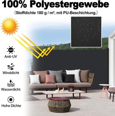 Бічний тент Aufun з алюмінію 200 x 300 см, розсувний непрозорий сонцезахисний тент з настінним кріпленням для балкону, тераси, саду - антрацитовий 200x300 см