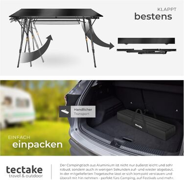 Стіл для кемпінгу tectake, розкладний стіл з алюмінію, стільниця XXL, що згортається, розкладний кемпінговий стіл, дорожній стіл, садовий стіл, водонепроникний, регульовані по висоті ніжки, сумка для перенесення, 120 x 70,5 см - чорний