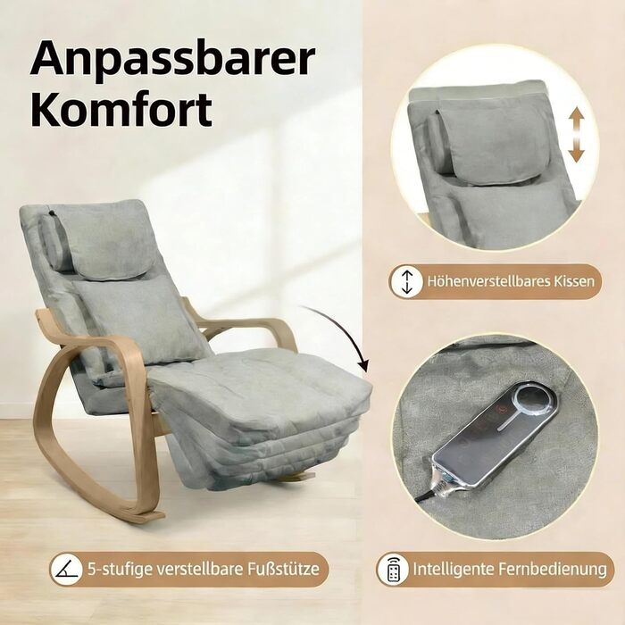 Масажне крісло-гойдалка, крісло-реклайнер, крісло для телевізора з 3-зонним масажем, масажне крісло з функцією підігріву, регульований підголівник та підставка для ніг, знімний чохол, вантажопідйомність 150 кг, бежевий