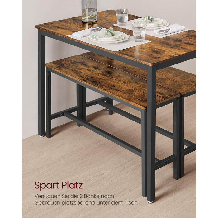 Обідній стіл VASAGLE з 2 лавками, комплект з 3 шт. , кухонний стіл 70 x 110 x 75 см, 2 лавки кожна 30 x 97 x 50 см, сталевий каркас, вінтажний коричневий-чорний KDT070B01 Вінтажний коричневий чорнильний