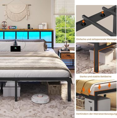 Ліжко 180x200 з металевою рейковою основою, каркас ліжка 180x200 см зі світлодіодним освітленням, зарядна станція (2 розетки змінного струму, 2 USB-порти), металеве ліжко 180x200 см з узголів&39ям та місцем для зберігання речей, двоспальне ліжко