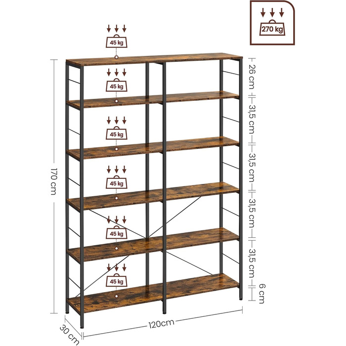 Книжкова полиця VASAGLE, окремостояча полиця з 6 полицями, 30 x 120 x 170 см, промисловий дизайн, для вітальні, кабінету, балкону, кухні, вінтажний коричнево-чорний колір LLS114B01