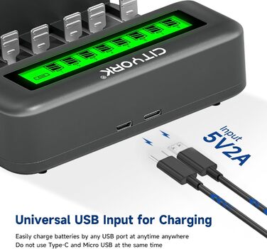 Акумуляторні батареї CITYORK D Cell 10000mAh з 8 слотами для заряджання NI-MH батарейок типу AA, AAA, CD (зарядний пристрій та 6 батарейок типу D)