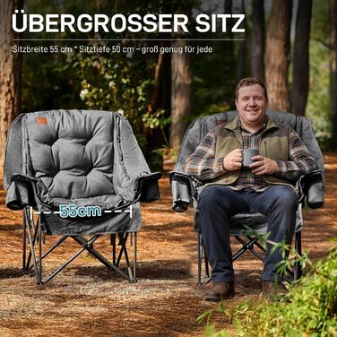 Складаний кемпінговий стілець EVER ADVANCED 2-в-1, великий зі знімною оббивкою товщиною 6 см, вантажопідйомність 180 кг, складний стілець з боковими кишенями, відділенням для холодильника та тримачем для напоїв для кемпінгу, саду, риболовлі, сірого кольор