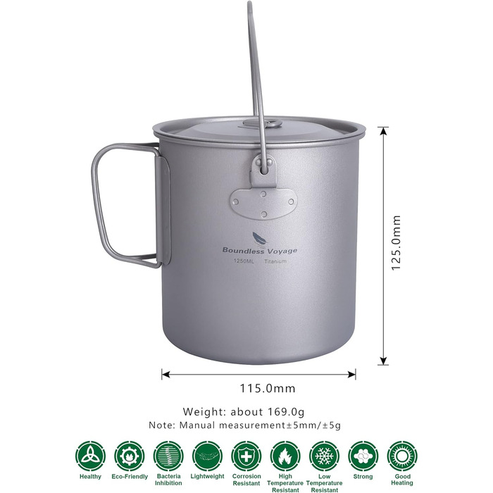 Титановий горщик 1250 мл з кришкою, складною ручкою та вагами Надлегкий посуд для кемпінгу, походів, бушкрафту, піших прогулянок та пікніків Ti3042D Ti3042d Титановий горщик 1250 мл