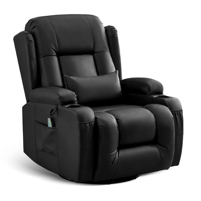 Крісло-гойдалка з функцією відкидання спинки, масажне крісло з функцією підігріву, крісло для телевізора з поворотом на 360 для вітальні, крісло-гойдалка з подушками/бічними кишенями/підстаканником (чорне)