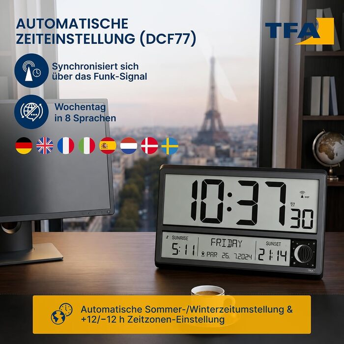 Цифровий радіокерований настінний годинник TFA Dostmann Digitale XL (60.4524.01) з часом сходу та заходу сонця, будильником, великими цифрами, фазами місяця, безшумний, чорний