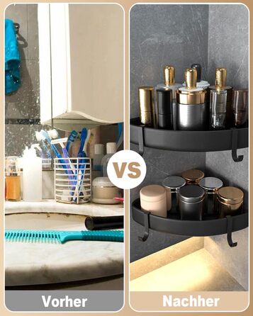 Кутова полиця для душу без свердління, чорна, з тримачем для шампуню та захистом від іржі. Набір з 2 полиць з 4 гачками, проста установка, чорний колір.