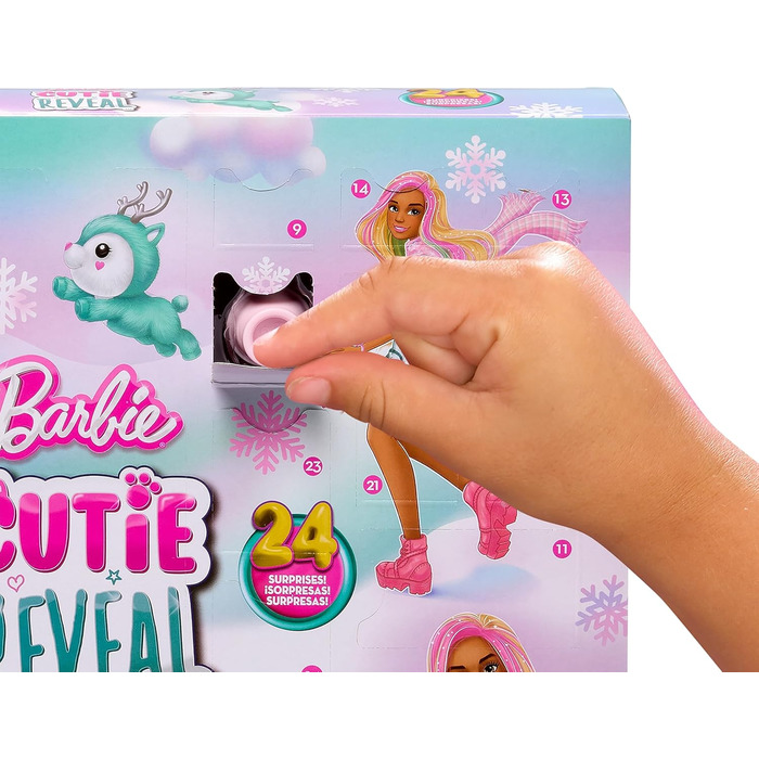 Різдвяний календар Barbie Cutie Reveal - 24 сюрпризи, лялька, олені з блискітками, зимове вбрання, аксесуари, міні-тваринки, для д