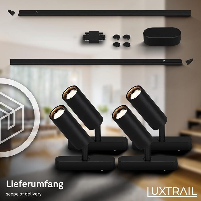 Стартовий набір трекової системи освітлення BRILONER Luxtrail 4 LED-споти, поворотні, розширювані, 2 м, чорний
