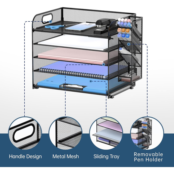 Рівневий органайзер для столу SUPEASY з ручкою, знімні тримачі для ручок, сітчастий органайзер для паперу/файлів для столу, органайзер для лотка для паперу та листів для офісного приладдя (чорний), 5-