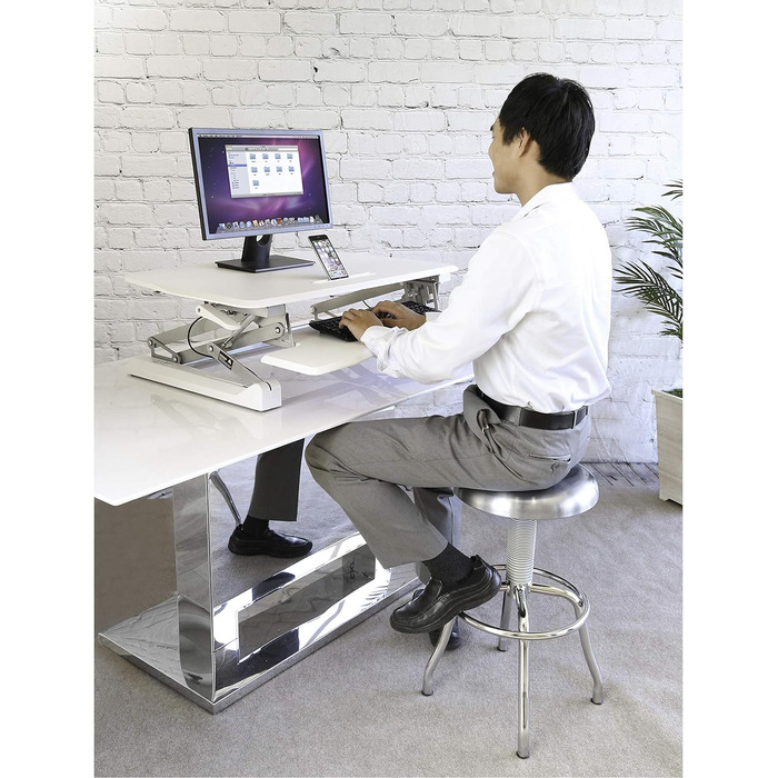 Стіл-конвертер Seville Classics 90 см з пневматичним регулюванням висоти сидячи-стоячи з газовою пружиною, металевий, білий 90 см x 59 см пневматичний білий