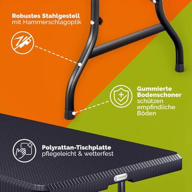 Складаний садовий стіл Casaria, кемпінговий стіл з поліратангу, 180x75 см, водонепроникний, ручка для перенесення, складний стіл, пластиковий стіл, садовий, балконний, кемпінговий, фуршетний стіл, чорний, вигляд чорного ротанга