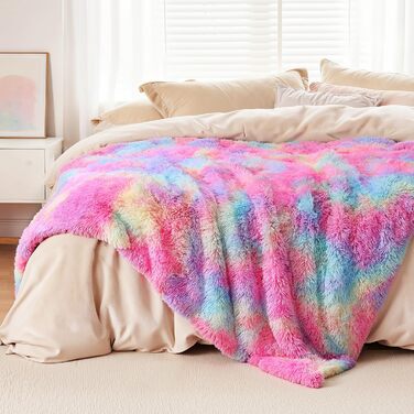 Пухнастий плед KANKAEU, надзвичайно м&39який та двосторонній райдужний плед 160x200 см, для дивана, ліжка та як декоративний плед, можна прати в пральній машині, ідеальний подарунок на зиму та Різдво, райдужний 160 200 см