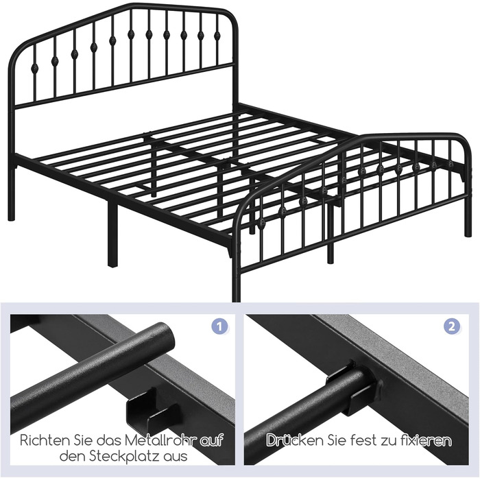 Каркас ліжка Yaheetech 160 x 200 см, вінтажне металеве ліжко з узголів&39ям у формі корони, міцний каркас двоспального ліжка з металу, надійне та легке складання, гостьове ліжко, дитяче ліжко, кушетка, чорний колір 160 x 200 см