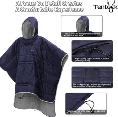 Зимове пончо Tentock унісекс з капюшоном, тепла ковдра, пуловер з капюшоном, надлегкий спальний мішок, водонепроникний, невелика ковдра для кемпінгу та походів на свіжому повітрі, сірий