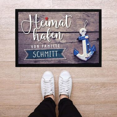 Персоналізований килимок для дверей &quotHome Port&quot з прізвищем, мотивом якоря, морським декором, нековзний та миється, чорний, 60x40 см, &quotHome Port&quot коричневий/чорний