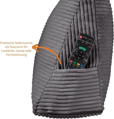 Подушка для спини Sleepling Corduroy-Look, клиноподібна подушка для ліжка та дивана, поперекова подушка, трикутна подушка для читання, пляжна подушка, подушка зі знімним чохлом, який можна прати, бічна кишеня, ширина 70 см, темно-сірий вельвет темно-сірий