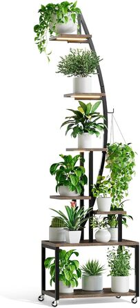 Підставка для рослин з лампою для вирощування, 7-рівнева підставка для квітів (165 см), полиця для рослин з металу та дерева з фіксуючими колесами, підставка для квітів для внутрішнього/зовнішнього використання, декоративна підставка для квітів для саду а