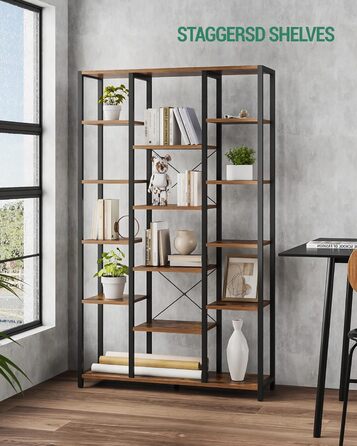Книжкова полиця Hzuaneri, стояча полиця з 6 рівнями та 15 полицями, регульовані відкриті полиці, для вітальні, офісу, спальні, 30 x 100 x 170 см, вінтажний коричнево-чорний, BC15001B 30 x 100 x 170 см вінтажний коричнево-чорний
