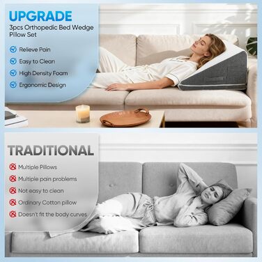 Клиноподібна подушка для ліжка та дивана, Д50xШ50xВ26. Подвійна подушка для читання з чохлом, який можна прати, з піни з ефектом пам&39яті, від хропіння та для більшого комфорту в області шиї та спини.