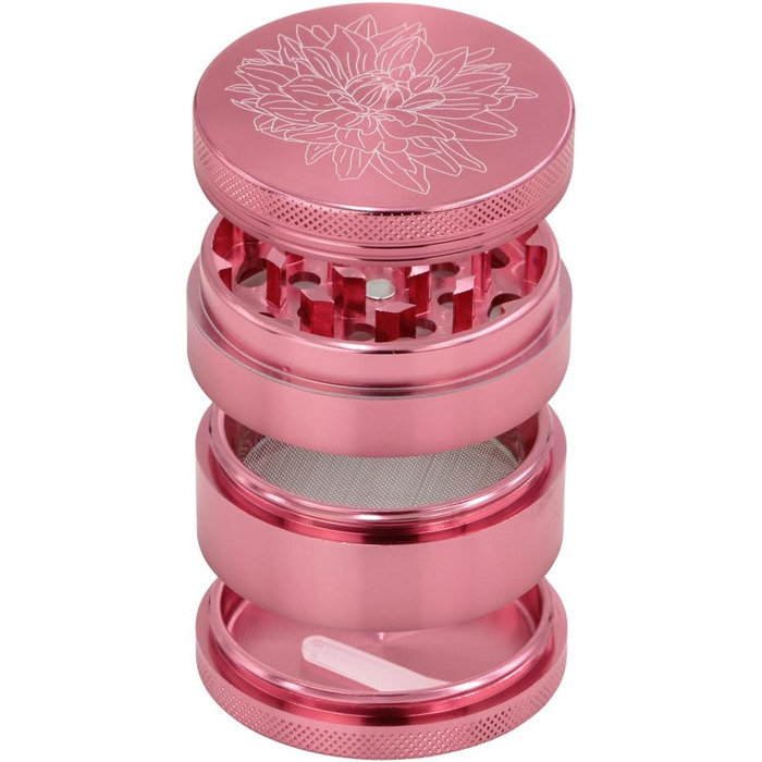 Преміум подрібнювач Cruncher Стійкий до ударів алюмінієвий подрібнювач Дробарка для спецій Подрібнювач спецій з квітами на кришці Магнітна Ø55 мм Металева кавомолка 4 шт. и рожева