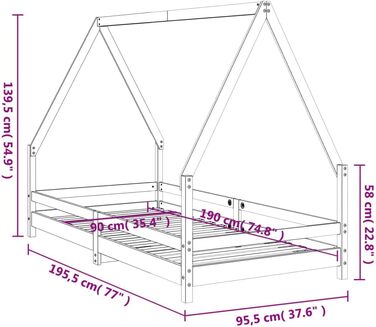 Дитяче ліжко, біле, 90x190 см, масив сосни з міцними ламелями та продуманим дизайном у формі будиночка для стійкості та вентиляції, 195,5 x 95,5 x 139,5 см, біле