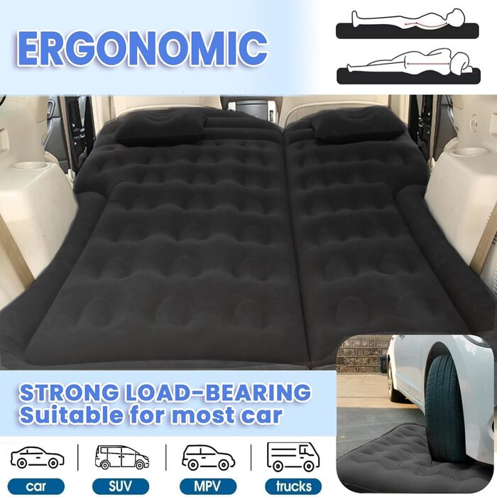 Портативний автомобільний матрац для позашляховиків, автомобільний надувний матрац з насосом та 2 подушками, флокований автомобільний надувний матрац для подорожей, кемпінгу, активного відпочинку в приміщенні та на свіжому повітрі, чорний