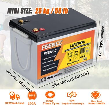 Акумулятор, 200A BMS Bluetooth літій-іонний акумулятор 12V 300Ah, до 15 000 циклів, максимальна енергія 3840 Втгод з низькотемпературним відключенням, ідеально підходить для автофургонів, сонячних батарей, тролінгових двигунів 12V 300AH LiFePO4, 12V 300Ah