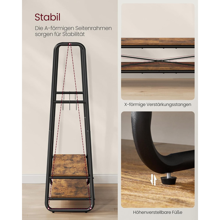 Вішалка для одягу, вішалка для пальто, шафа, 2 полиці, 6 S-подібних гачків, сталевий каркас, 45 x 138 x 160 см, для спальні, коридору, передпокою, вінтажний коричнево-чорний RGR119B01 138B см Вінтажний коричневий чорний