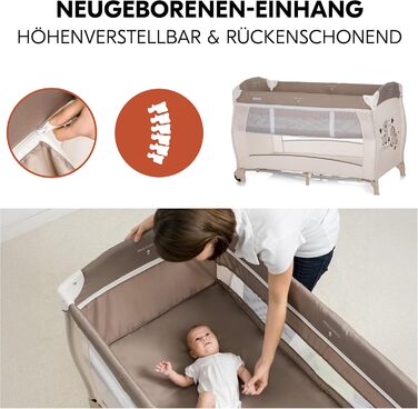 Дорожнє ліжечко Hauck Babycenter Zoo - вкл. вкладиш для новонароджених, пеленальний килимок, ігрова арка з музичним мобілем, лоток для зберігання, колеса, матрац, сумка для перенесення (регульована по висоті та складається) - 120x60 см