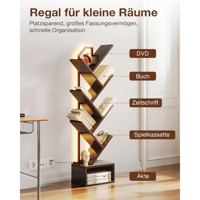 Книжкова полиця Coleshome у формі дерева, 6-ярусна окремостояча полиця, дерев&39яна книжкова полиця зі світловою стрічкою, підходить для вітальні та спальні, чорна