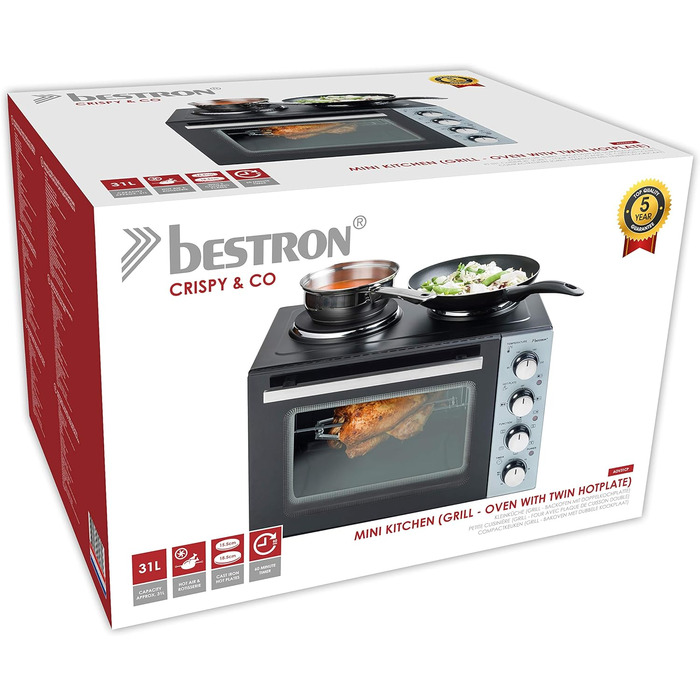 Маленька кухня, міні-піч з подвійною конфоркою, верхній/нижній нагрів з функцією конвекції до 230C, 3200 Вт, чорна міні-піч 31 літр з подвійною конфоркою, 31CP