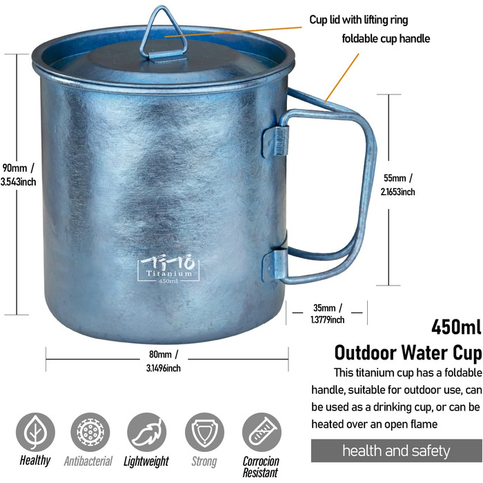 Титанова чашка TiTo, для кемпінгу, чаю, кави, води, надлегка, портативна, посуд, 450 мл, складна ручка, титанова каструля з кришкою, для активного відпочинку на свіжому повітрі, походів, пікніків, посуду для напоїв, синього кольору