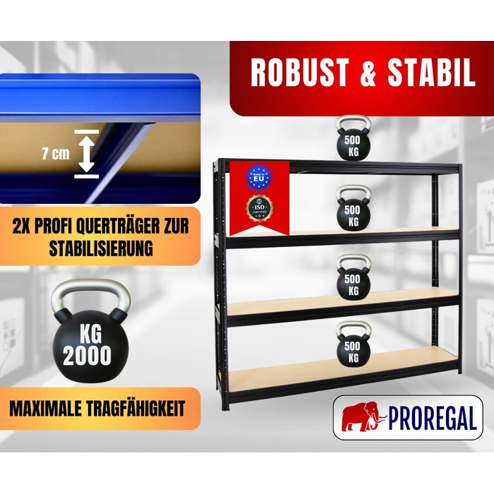Надміцний стелаж Dino Extra Wide 180x200x45 см, Вантажопідйомність полиці 500 кг, Чорний, Гаражні стелажі, Стелажі для зберігання, Безболтові стелажі, Широкопролітний стелаж 180x200x45 см Чорний Панелі МДФ 6,5 мм