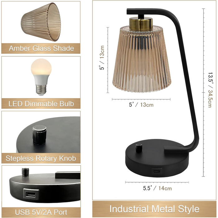 Набір приліжкових ламп Aivond з 2 шт. , вінтажні безступінчасті настільні лампи з регулюванням яскравості з USB-портом, ретро-настільна лампа з бурштинового скла для спальні та вітальні 2E27 7 Вт світлодіодні лампочки в т.ч. вінтажний набір з 2 шт.