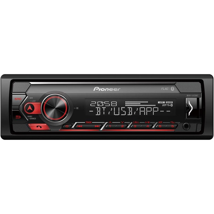 Приймач PIONEER 1-DIN з Bluetooth, червоним/білим підсвічуванням, роз'ємом USB/3.5 мм, Spotify, додатком Pioneer Smart Sync і сумісний з пристроями Apple і Android, червоний/чорний, MVH-S420BT чорний, червоний Bluetooth, iPhone Control Single