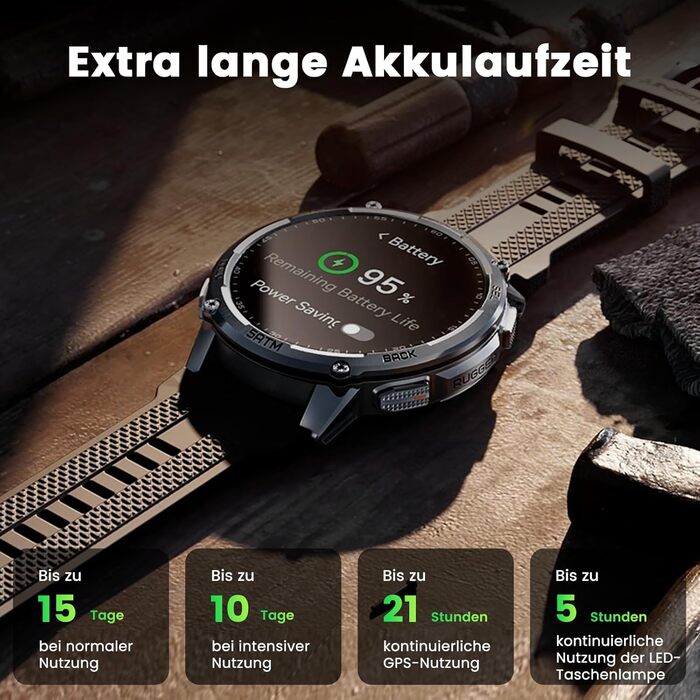 Розумний годинник KOSPET TANK T4C для чоловіків зі світлодіодним підсвічуванням, 1,5-дюймовим AMOLED-дисплеєм, дводіапазонним GPS та компасом, наддовгим часом автономної роботи, цілодобовим відстеженням серцевого ритму та сну, водонепроникністю до 50 м, д