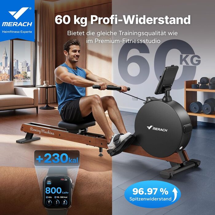 Домашній гребний тренажер MERACH, самогенеруючий, покращений магнітний піковий опір 60 кг, автоматичне регулювання опору, подвійні дерев&39яні рейки, світлодіодний дисплей, професійний (R21)