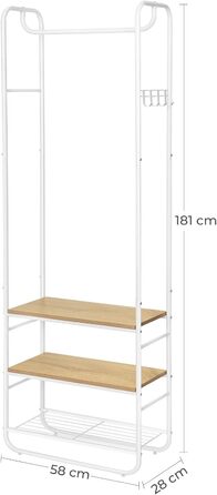 Вішалка для верхнього одягу, Шафа, Вішалка для одягу, з полицею для взуття, Вішалка для взуття, Передпокій, Спальня, 58 x 28 x 181 см, Скандинавський, Білий Золотий HSR81WN Матовий білий Золотий дуб