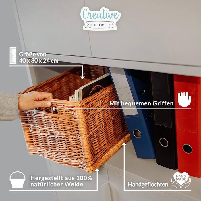 Великий плетений кошик для зберігання Creative Home 40 x 30 x 24 см (/- 2 см) Ручне плетення, міцний Плетений кошик з натуральних матеріалів з ручками Для полиць, іграшок, інструментів, ванної кімнати 40 x 30 x 24 см Коричневий 1