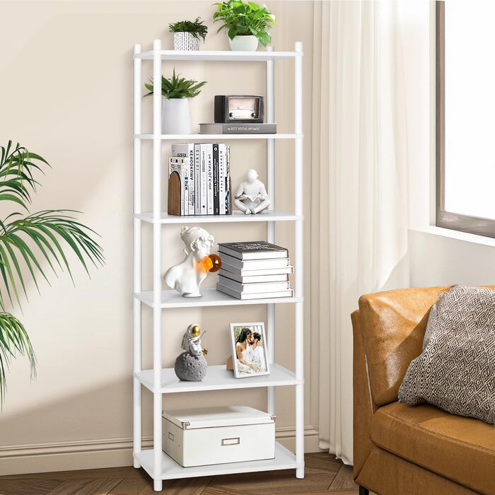 Полиця, Біла вузька книжкова шафа, Висока окремостояча полиця з 6 полицями, Дерев&39яна відкрита тонка кутова полиця для спальні та вітальні, 165 x 60 x 30 см Біла 6 полиць, 60 см (Ш)